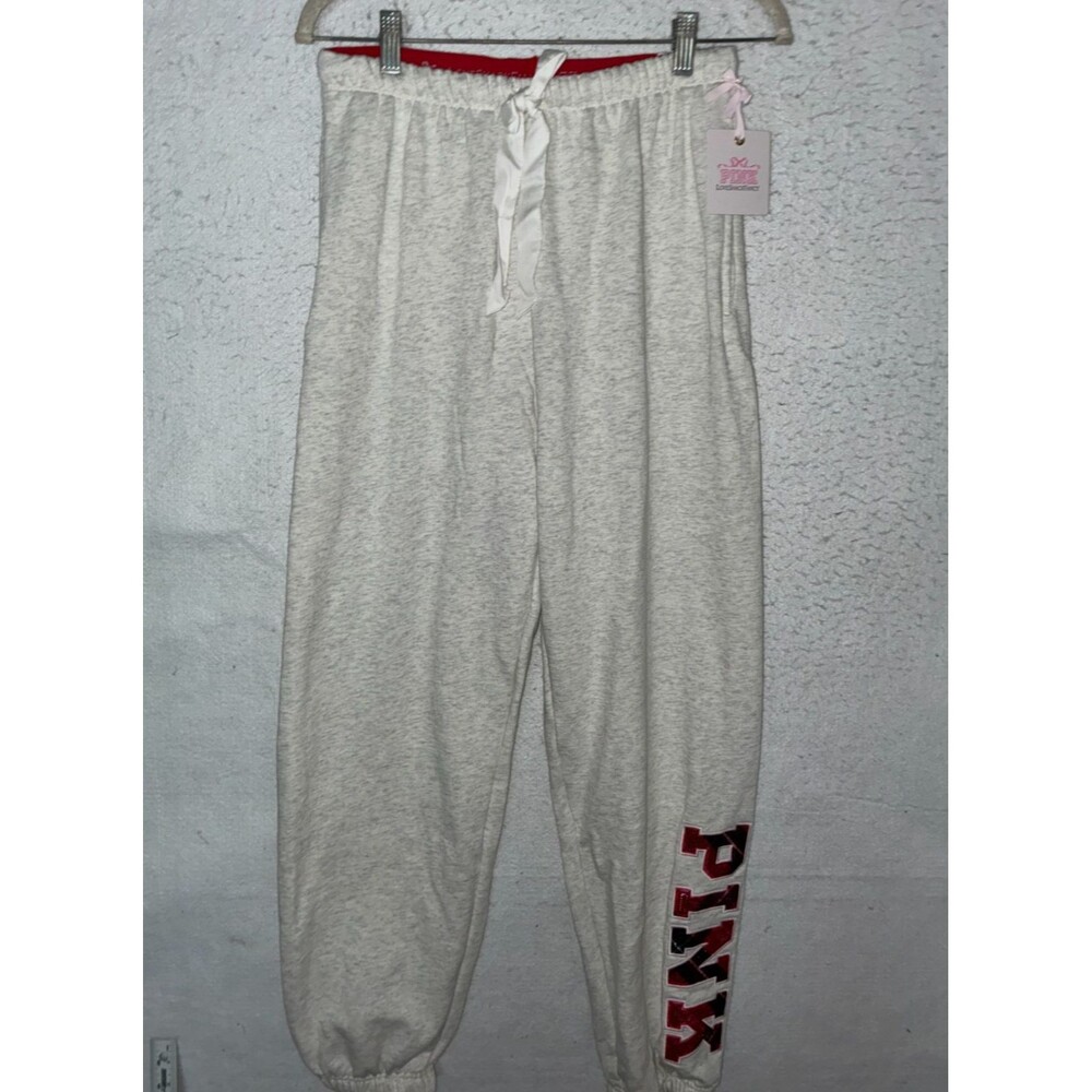 VS PINK x Love Shack Fancy Snow Heather Cream Jogger Sweatpants sz S Bling Logo